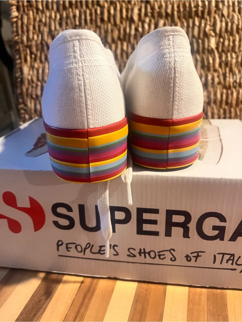 Superga White Platform Sneaker with Multicolor Rainbow Stripes